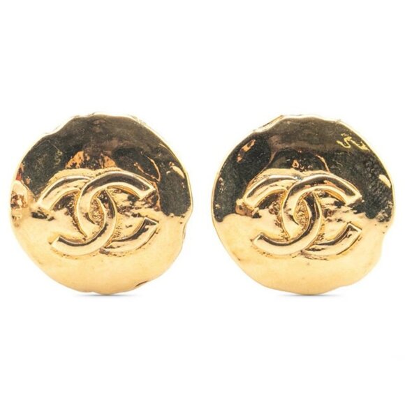 CHANEL CC Logos Round Clip-On Earrings Gold Tone 93P Auth w/Box #9171 - Picture 1 of 4